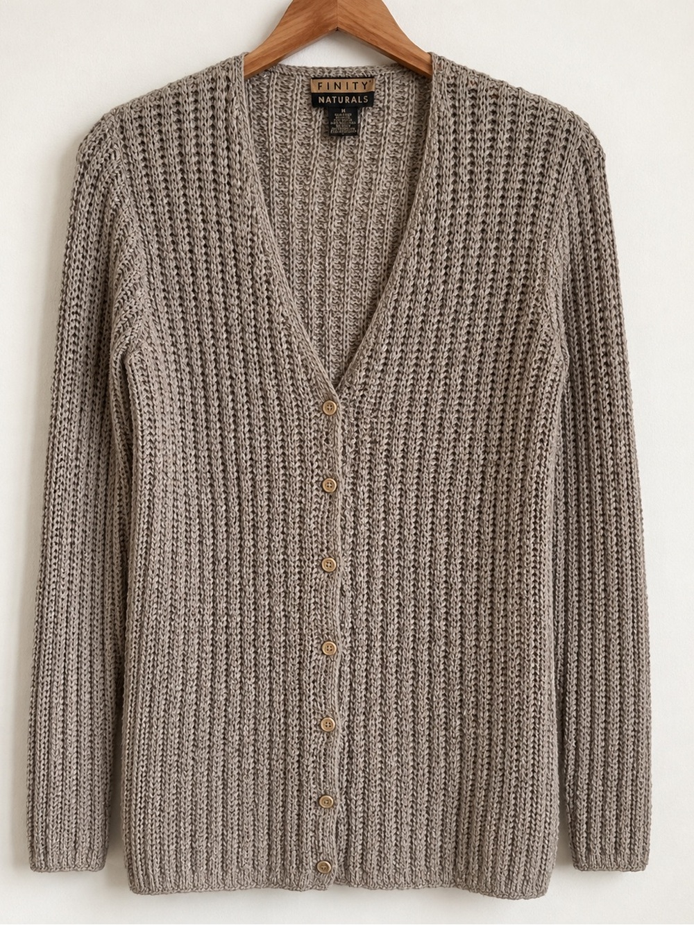 Vintage Finity Naturals Tape Yarn Wool Blend Cardigan Sweater Taupe Button Front